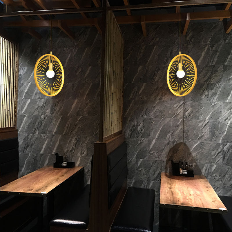 Iluminación colgante de madera redonda de bambú 1 kit de lámpara colgante de bombillas para restaurante