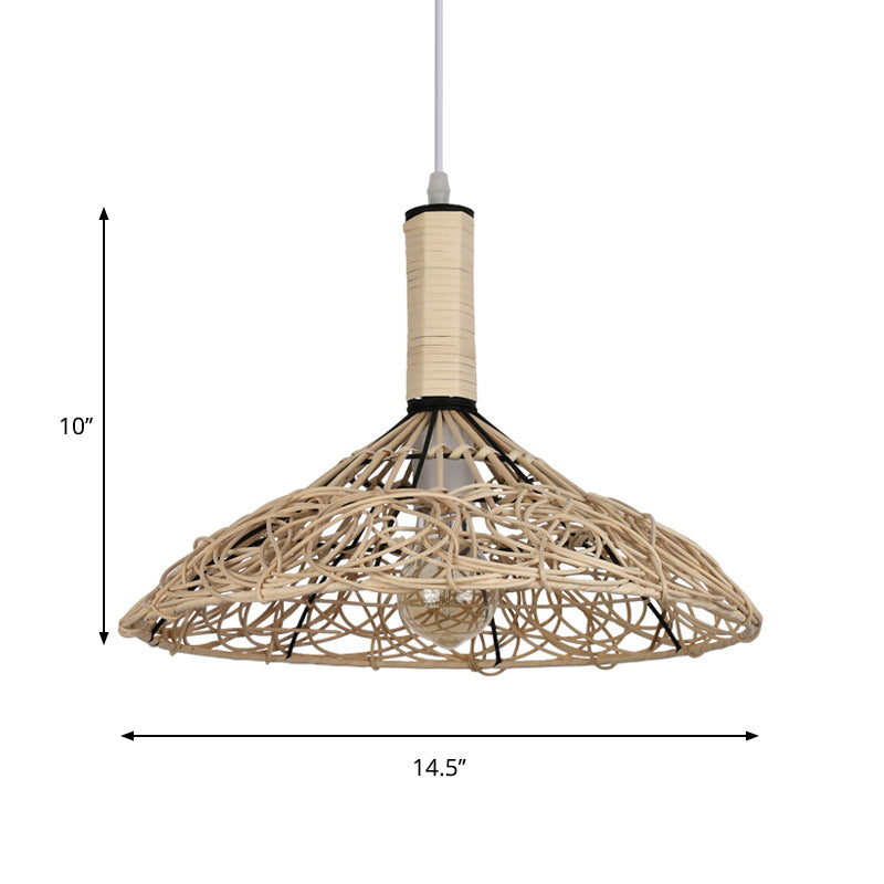 Cono Techo Luz Rattan asiático 1 Bulbo Posteo de madera Luz de luz para sala de estar