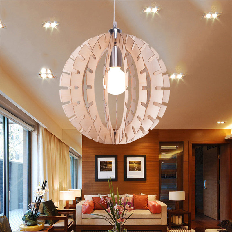 Globe Suspension Pendse Light Contemporary Wood 1 Bulbo Beige Holfing Lightsing