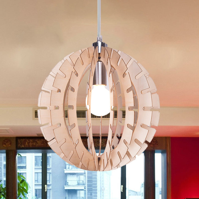 Globe Suspension Pendse Light Contemporary Wood 1 Bulbo Beige Holfing Lightsing