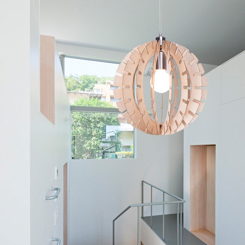 Globe Suspension Pendellicht zeitgenössisches Holz 1 Glühbirne Beige hängende Leuchte