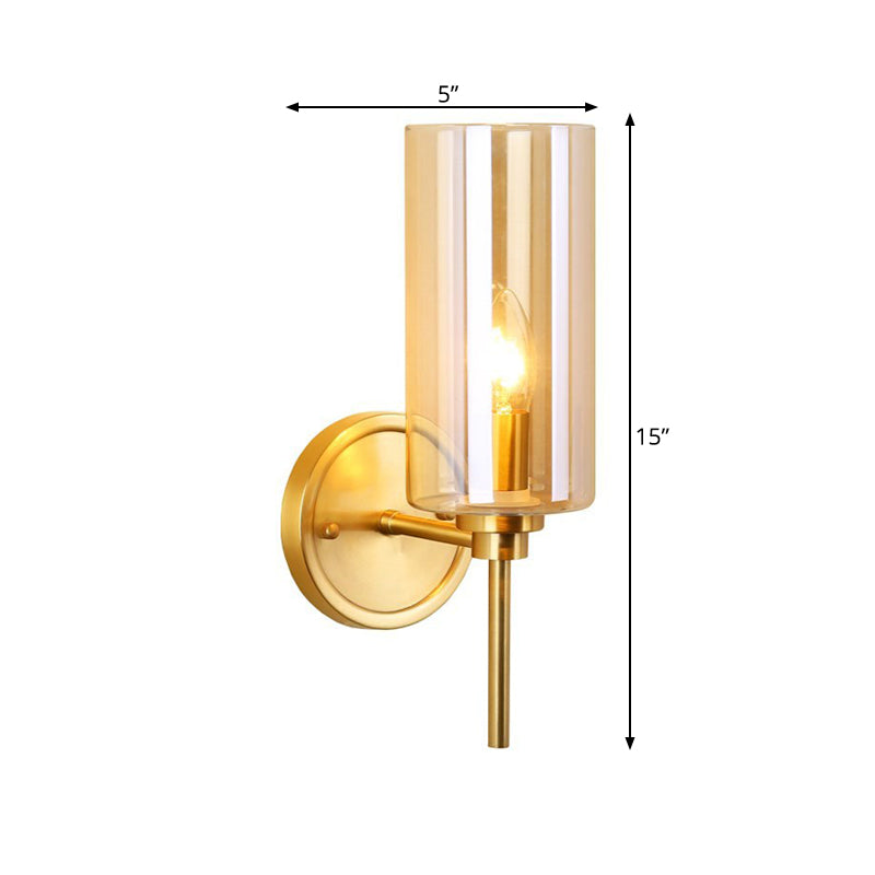 Colonial Cylinder Wall Mount Light Single Bulb Clear Glass Wall Lighting Fixture in Brass