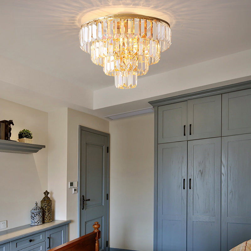 16"/19.5" Dia abgestufte Unterputzlampe mit Kristallblock Vintage 5/6 Köpfe Unterputz Deckenleuchte in Gold