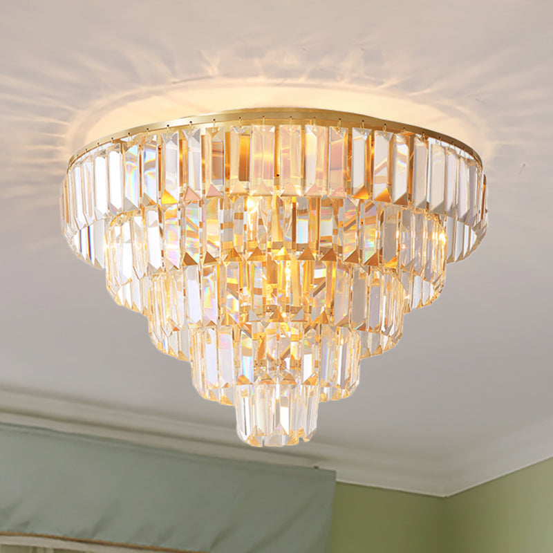 16"/19.5" Dia Tiered Flush Mount Lamp with Crystal Block Vintage 5/6 Heads Flush Ceiling Light in Gold