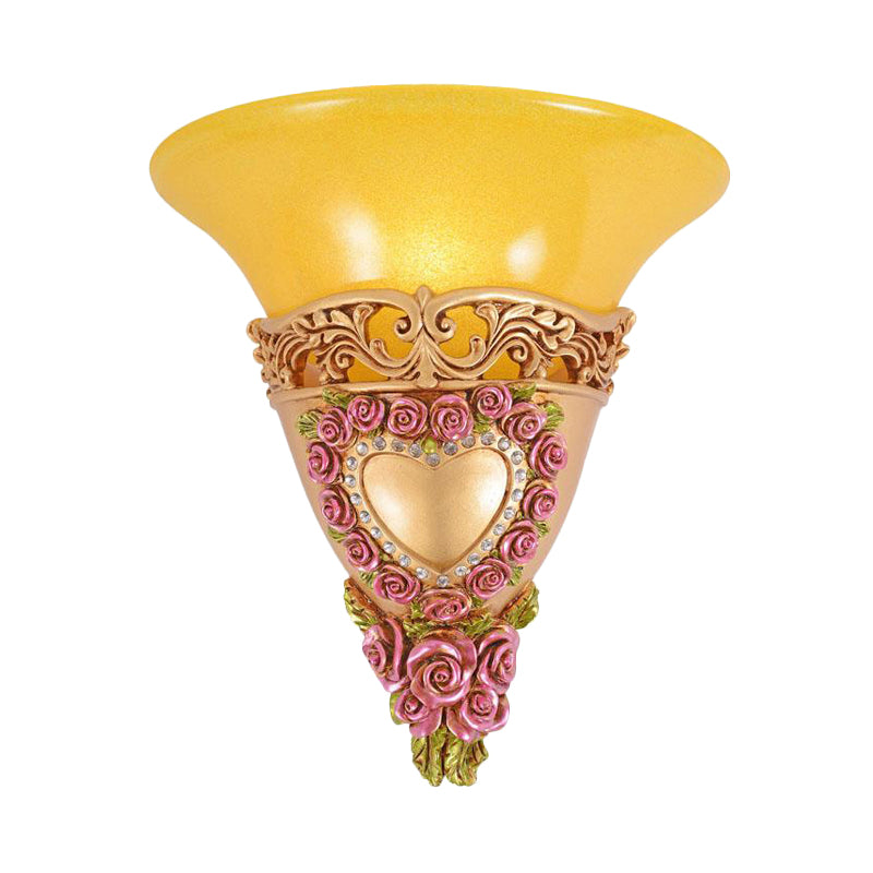 1 Bulb Trumpet Shape Sconce Light Colonial Style Yellow Glass Wall Lighting Fixture