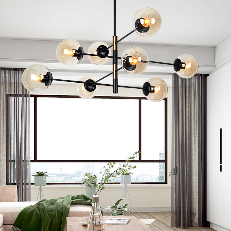 Modern Design 8-Light Ceiling Light, Orb Clear Glass Shade, Horizontal Linear Chandelier