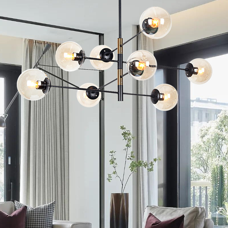 Modern Design 8-Light Ceiling Light, Orb Clear Glass Shade, Horizontal Linear Chandelier