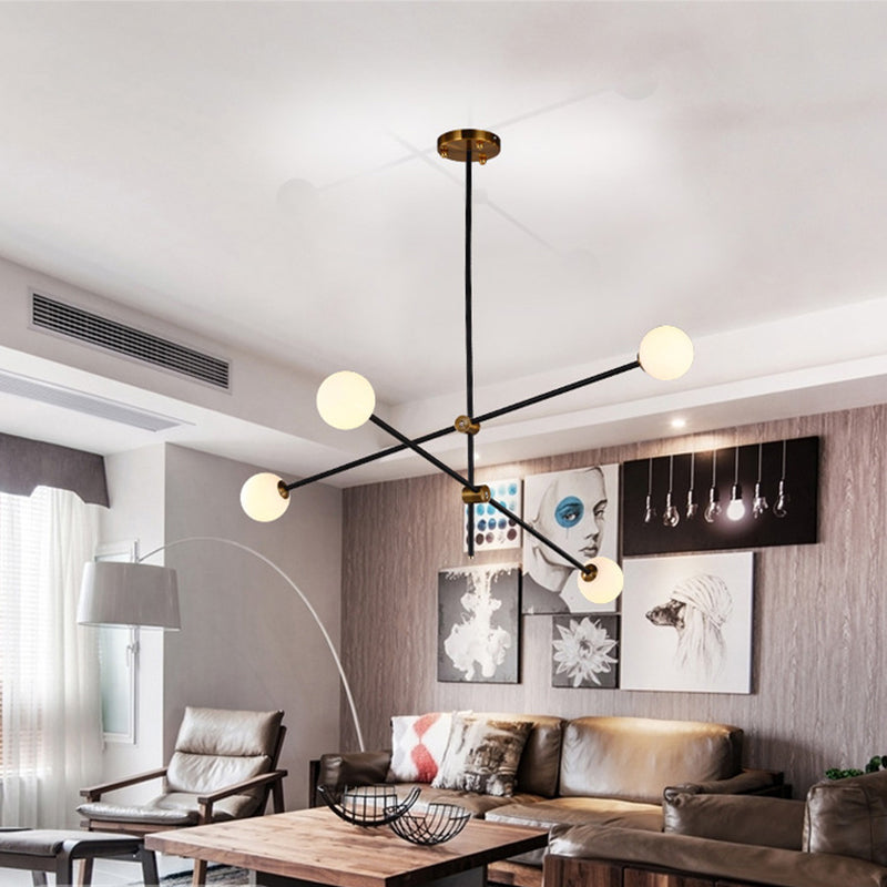 Modern Sputnik Chandelier, 4-Light Design Black Finish with Frosted Glass Shade