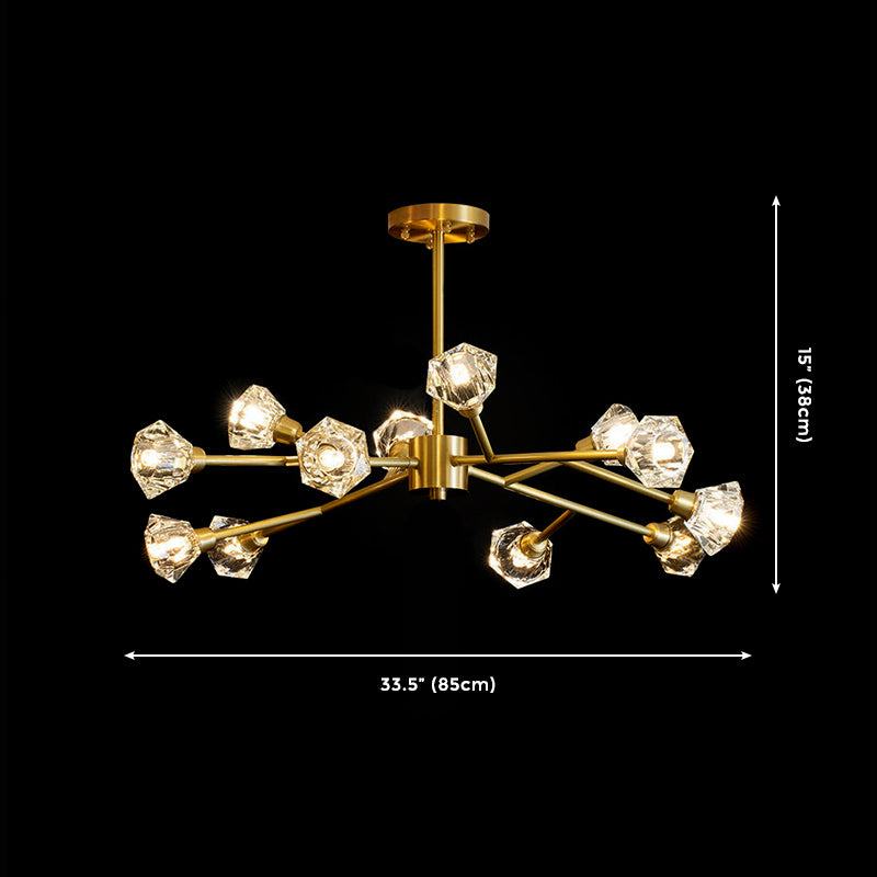 12-Light Metal Sputnik Chandelier, Unique Linear Ceiling Light With Crystal Shade