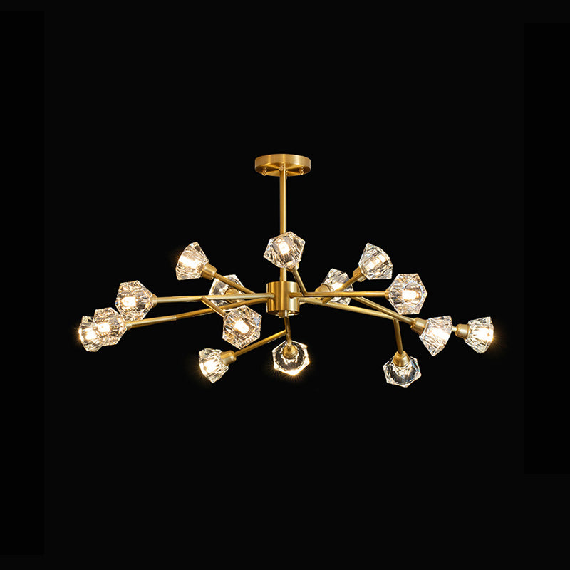 15-Light Metal Sputnik Chandelier, Unique Linear Ceiling Light With Crystal Shade