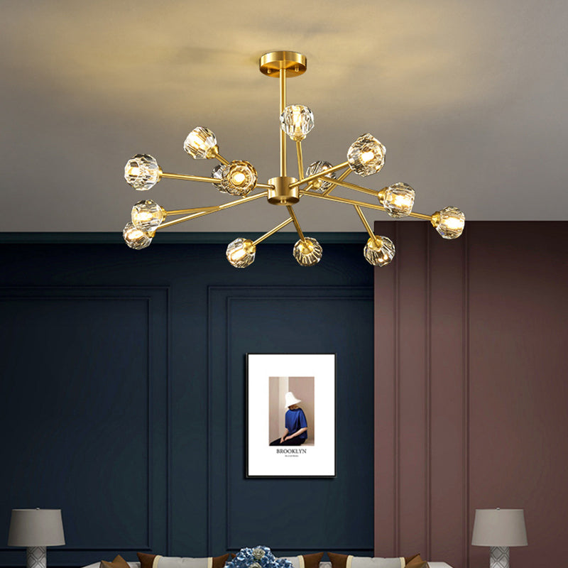 15-Light Dimmable Sputnik Chandelier Modern Linear Gold Ceiling Light With Crystal Shade