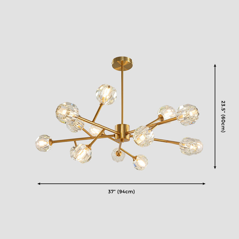 15-Light Dimmable Sputnik Chandelier Modern Linear Gold Ceiling Light With Crystal Shade