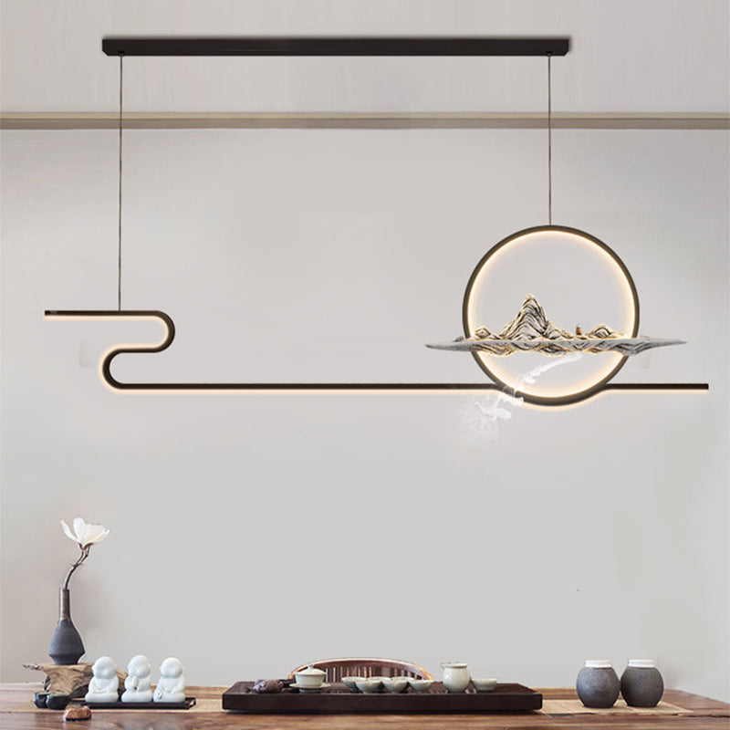 Chinese Minimalist Style Linear Island Pendant Lighting LED Metal Island Ceiling Light for Living Room