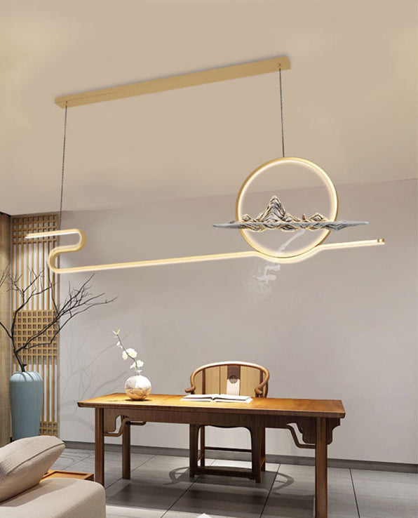 Chinese Minimalist Style Linear Island Pendant Lighting LED Metal Island Ceiling Light for Living Room