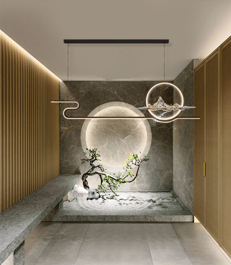 Chinese Minimalist Style Linear Island Pendant Lighting LED Metal Island Ceiling Light for Living Room