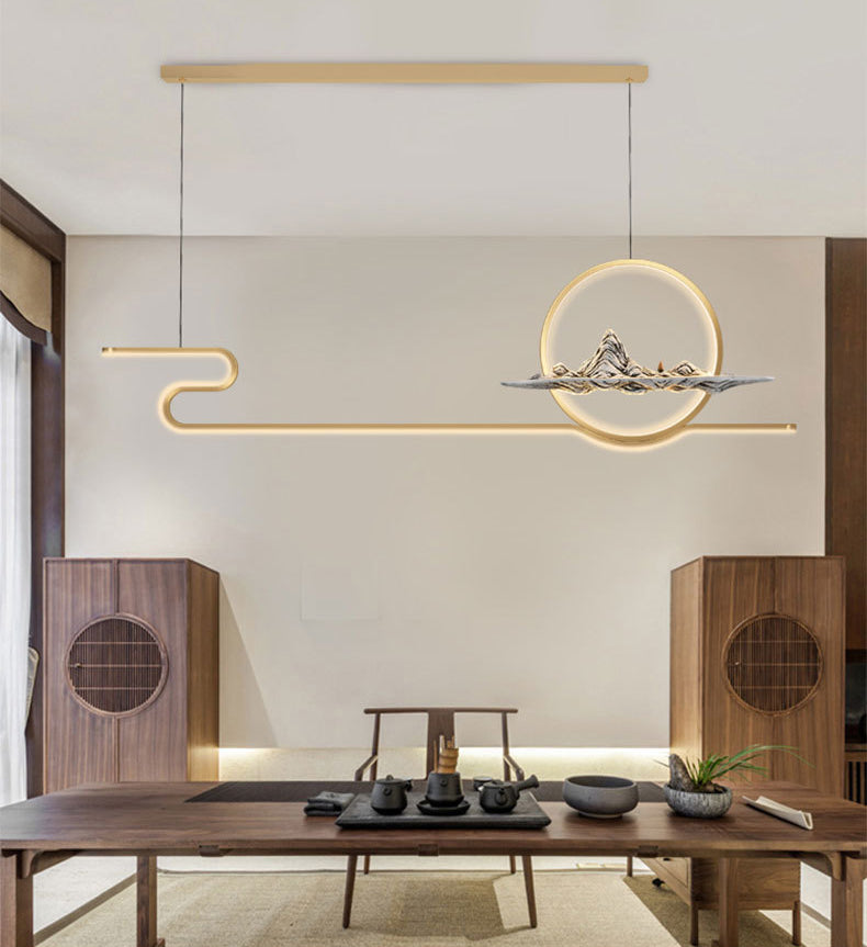 Chinese Minimalist Style Linear Island Pendant Lighting LED Metal Island Ceiling Light for Living Room