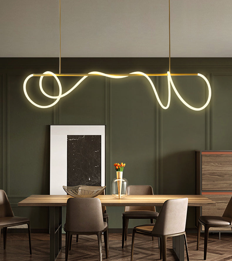 Modern Minimalism Gold Linear Island Pendant Lighting LED Metal Island Ceiling Light for Dining Table