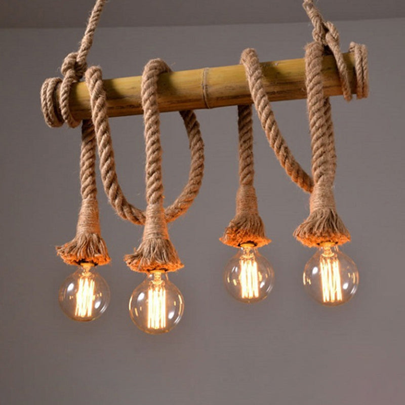 Vintage Hemp Rope Chandelier Industrial Retro Linear Exposed Bulb Bamboo Pendant for Restaurant