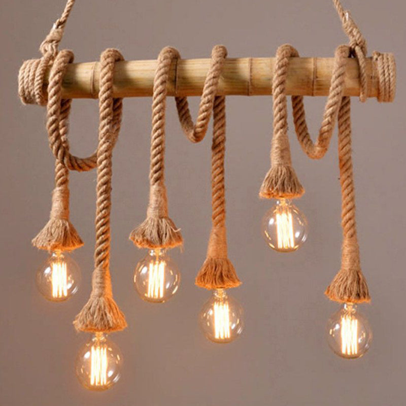 Vintage Hemp Rope Chandelier Industrial Retro Linear Exposed Bulb Bamboo Pendant for Restaurant