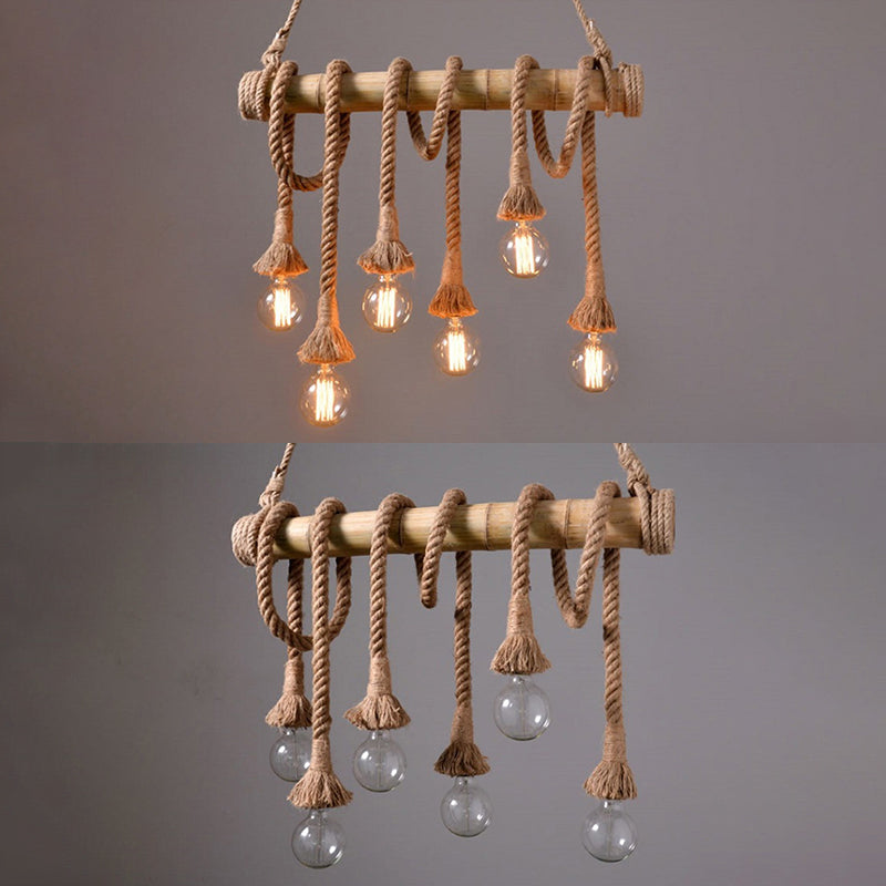 Vintage Hemp Rope Chandelier Industrial Retro Linear Exposed Bulb Bamboo Pendant for Restaurant