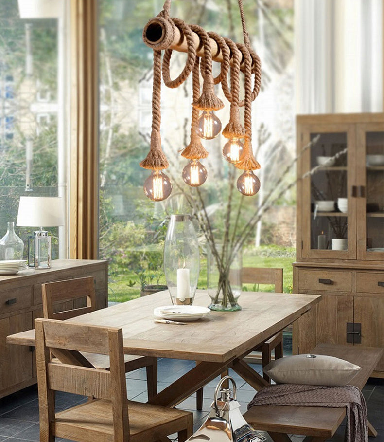 Vintage Hemp Rope Chandelier Industrial Retro Linear Exposed Bulb Bamboo Pendant for Restaurant