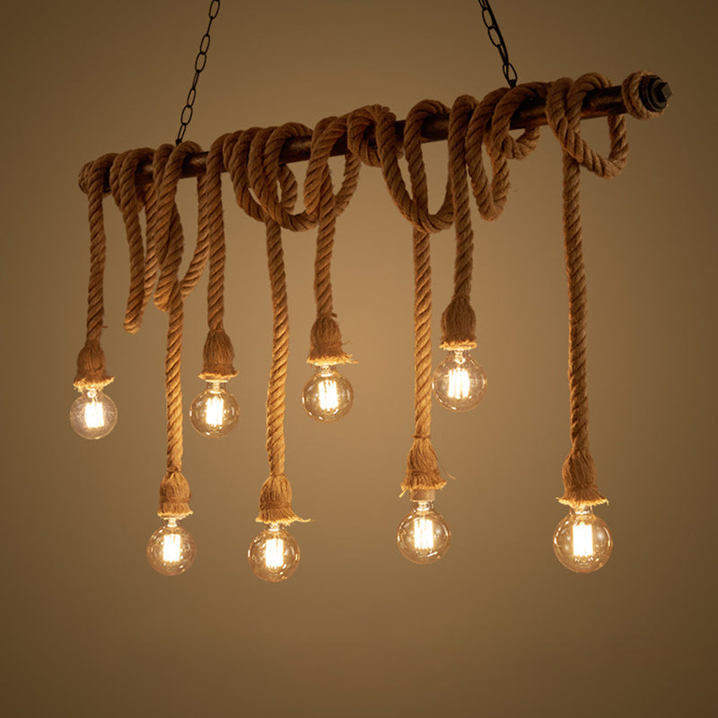 Vintage Hemp Rope Chandelier Industrial Retro Linear Exposed Bulb Pipe Pendant for Restaurant