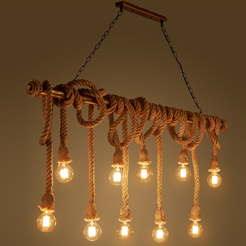 Vintage Hemp Rope Chandelier Industrial Retro Linear Exposed Bulb Pipe Pendant for Restaurant