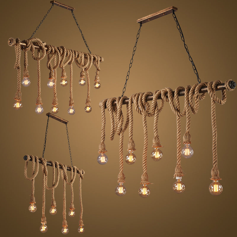 Vintage Hemp Rope Chandelier Industrial Retro Linear Exposed Bulb Pipe Pendant for Restaurant