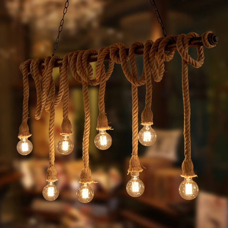 Vintage Hemp Rope Chandelier Industrial Retro Linear Exposed Bulb Pipe Pendant for Restaurant