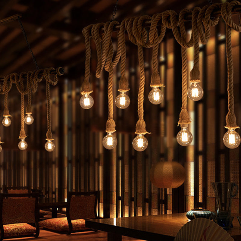 Vintage Hemp Rope Chandelier Industrial Retro Linear Exposed Bulb Pipe Pendant for Restaurant