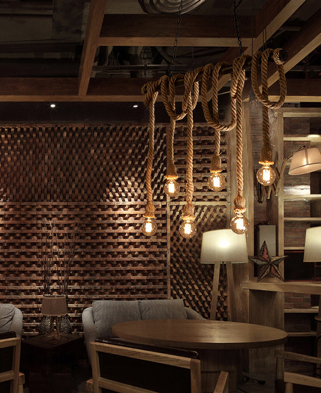 Vintage Hemp Rope Chandelier Industrial Retro Linear Exposed Bulb Pipe Pendant for Restaurant
