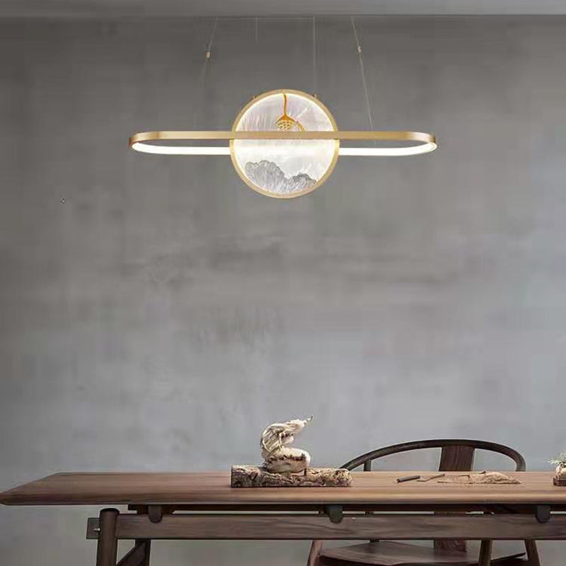 Chinese Style Gold Round Linear Island Pendant Lighting LED Metal Island Ceiling Light for Living Room