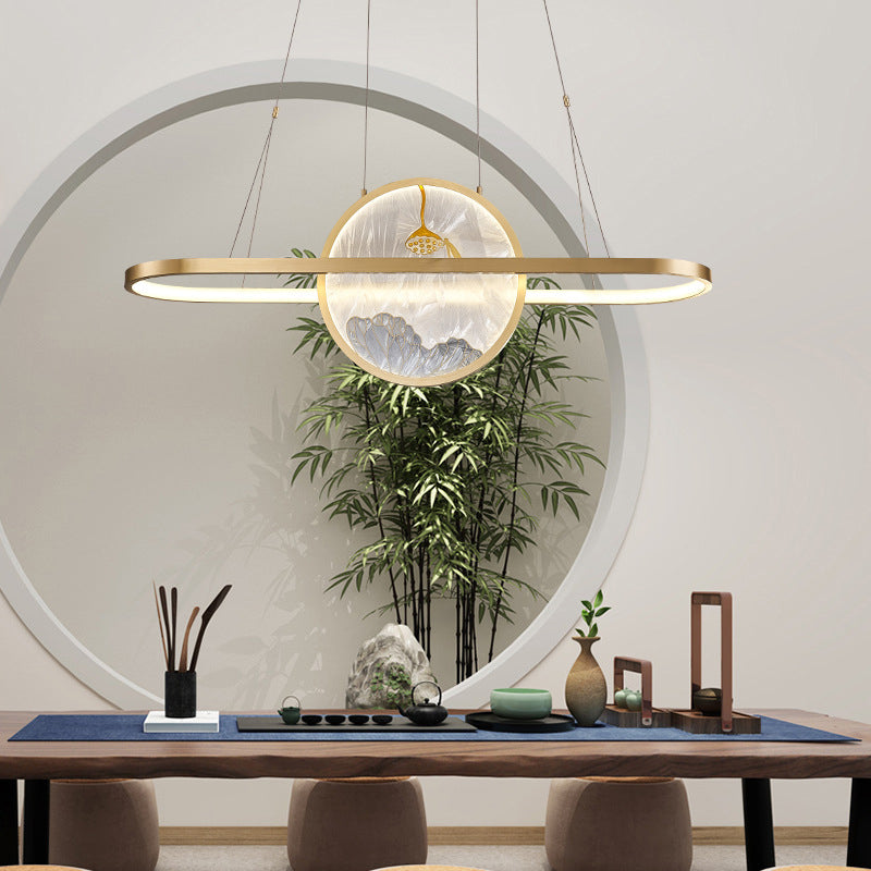 Chinese Style Gold Round Linear Island Pendant Lighting LED Metal Island Ceiling Light for Living Room