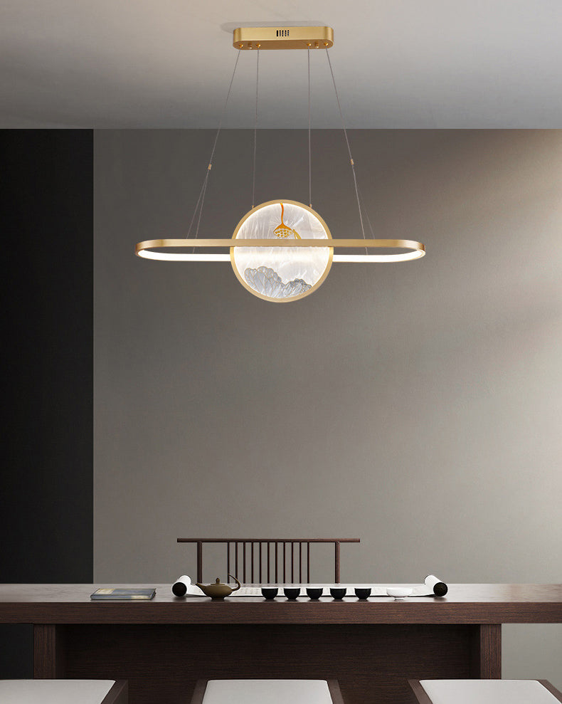 Chinese Style Gold Round Linear Island Pendant Lighting LED Metal Island Ceiling Light for Living Room