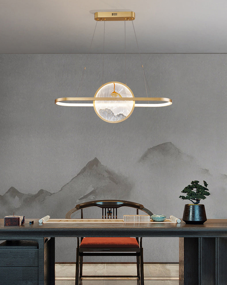 Chinese Style Gold Round Linear Island Pendant Lighting LED Metal Island Ceiling Light for Living Room