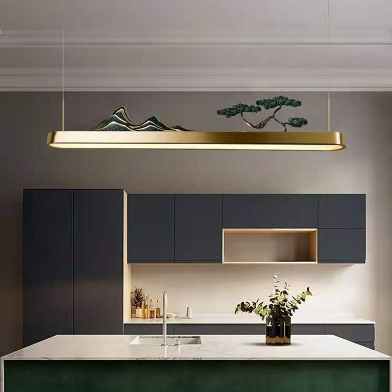 Chinese Luxurious Gold LED Island Pendant Lighting Metal Linear Island Ceiling Light for Tearoom