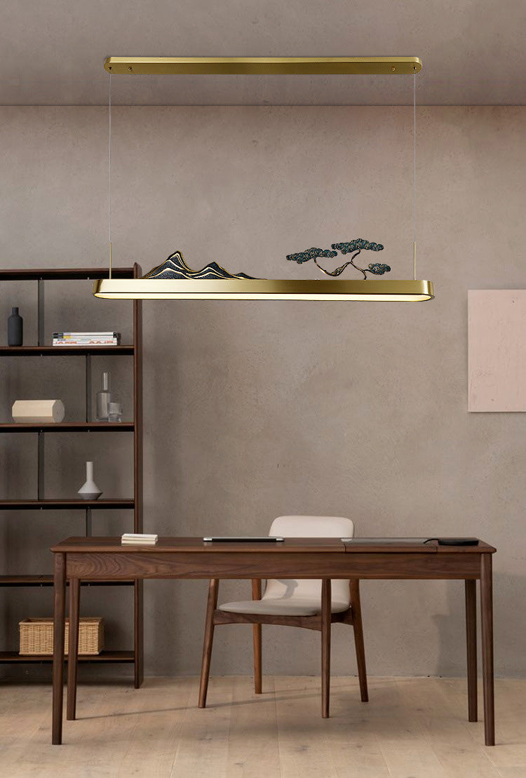 Lumo di lussuoso lussuoso a ciondolo in oro in oro cinese Metal Isola lineare Luce del soffitto per la tè