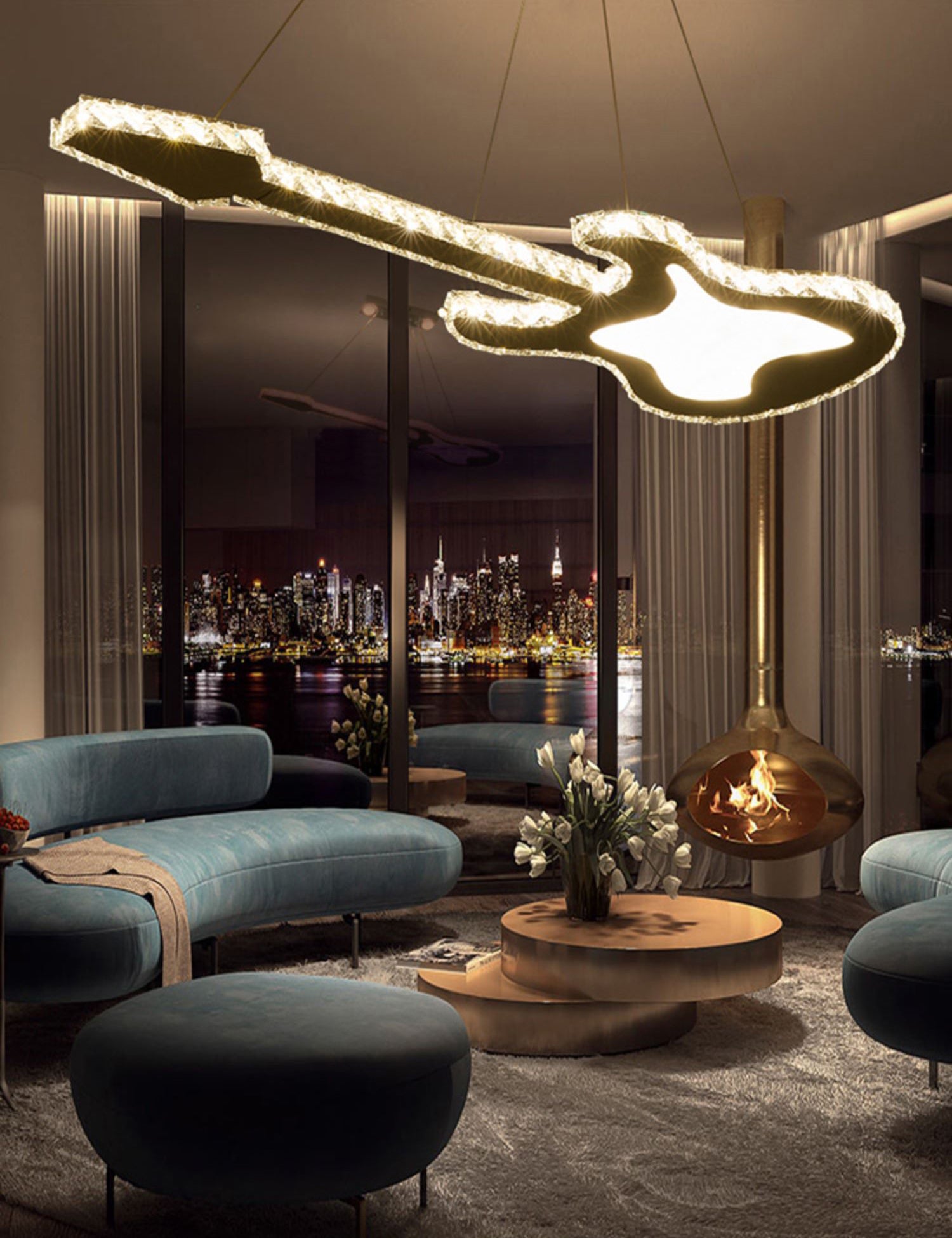Modern Luxurious LED Island Pendant Lighting Guitar Crystal Decoration Island Ceiling Light for Living Room