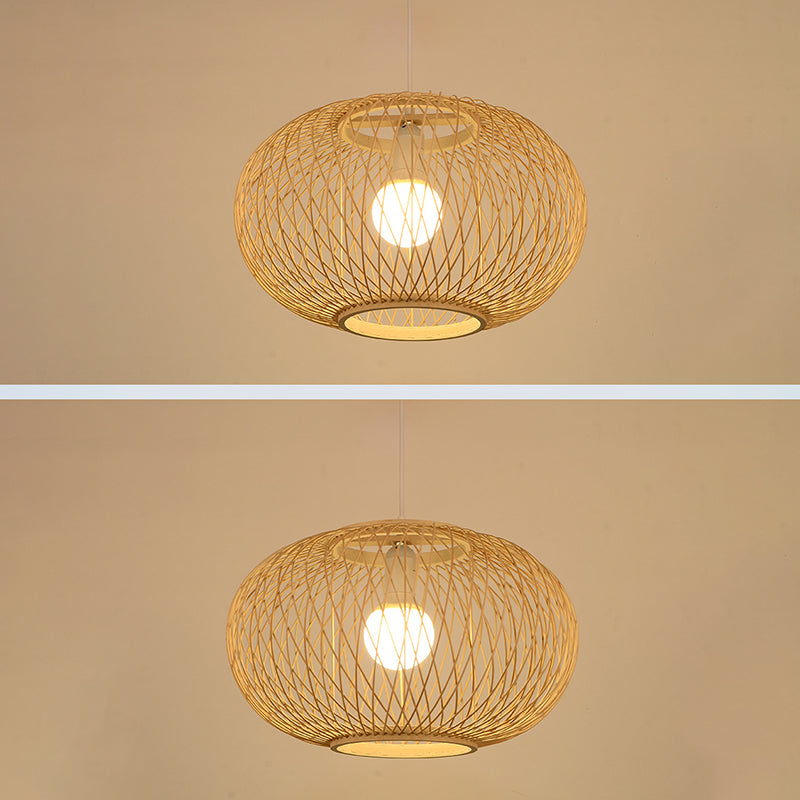 Chinese Round Lantern Ceiling Light Beige Bamboo 1 Light Restaurant Hanging Pendant Lighting