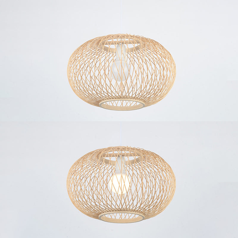 Chinese Round Lantern Ceiling Light Beige Bamboo 1 Light Restaurant Hanging Pendant Lighting