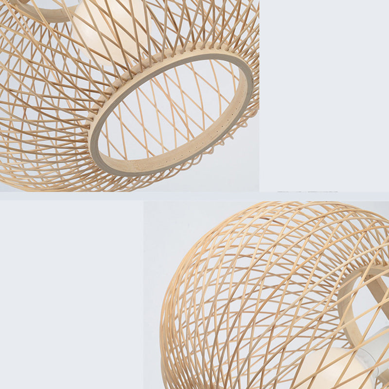 Chinese Round Lantern Ceiling Light Beige Bamboo 1 Light Restaurant Hanging Pendant Lighting