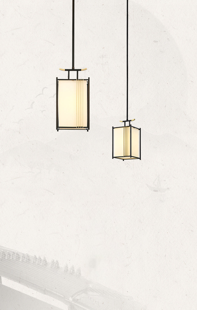 Rectangle Fabric Shade Pendant Hanging Lamp Chinese Style 1 Light Bedroom Hanging Ceiling Light