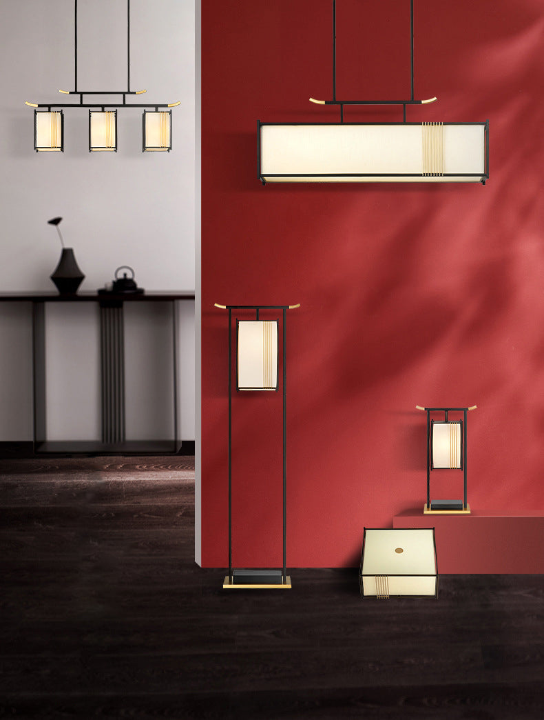 Rectangle Fabric Shade Pendant Hanging Lamp Chinese Style 1 Light Bedroom Hanging Ceiling Light