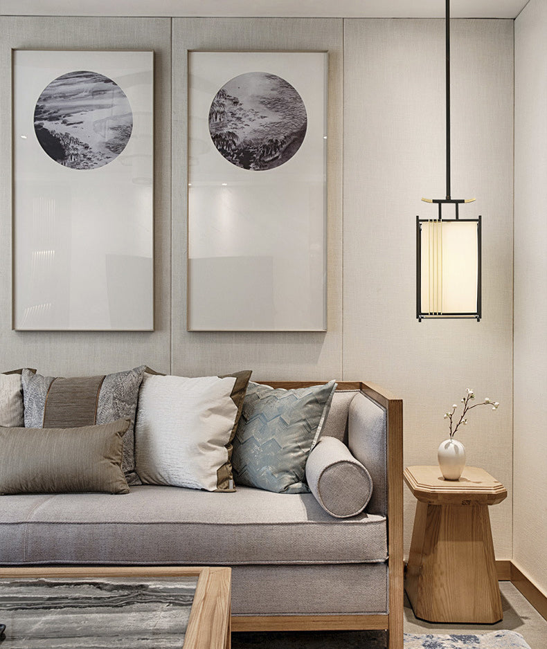 Rectangle Fabric Shade Pendant Hanging Lamp Chinese Style 1 Light Bedroom Hanging Ceiling Light