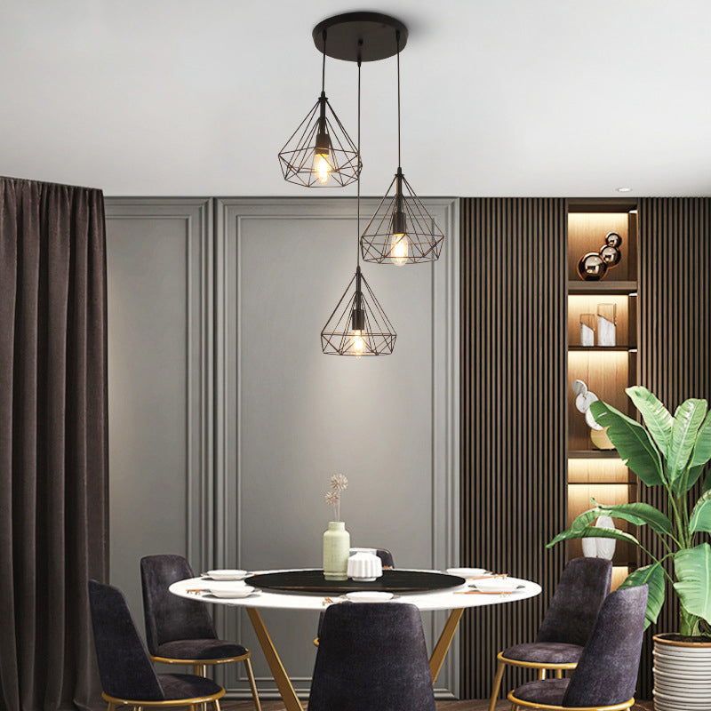 Diamond Iron Cluster Pendant Lighting Post-Modern Restaurant Hanging Lamp in Black