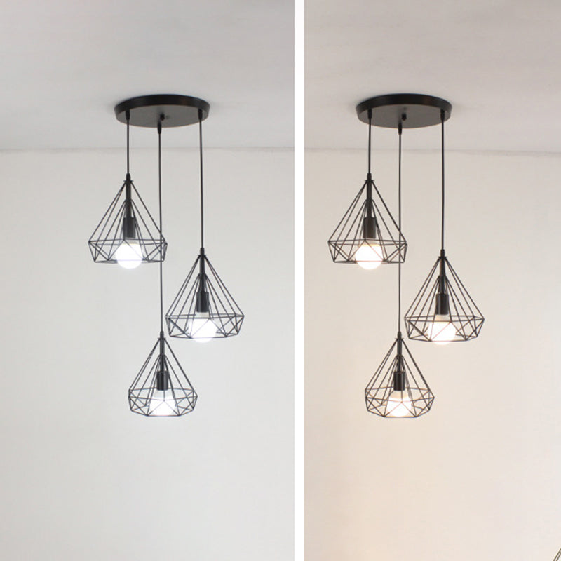 Diamond Iron Cluster Pendant Lighting Post-Modern Restaurant Hanging Lamp in Black