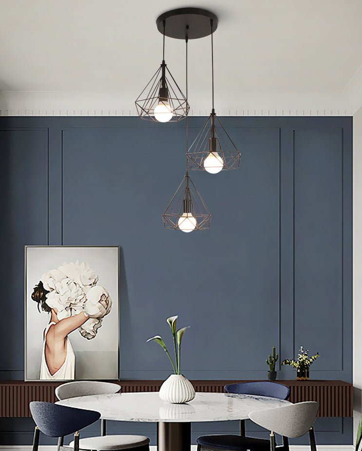 Diamond Iron Cluster Pendant Lighting Post-Modern Restaurant Hanging Lamp in Black