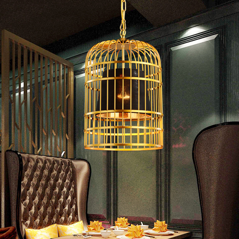Gold Cage Shade Pendant Lighting New Chinese Style Retro 1 Light Restaurant Hanging Lamp