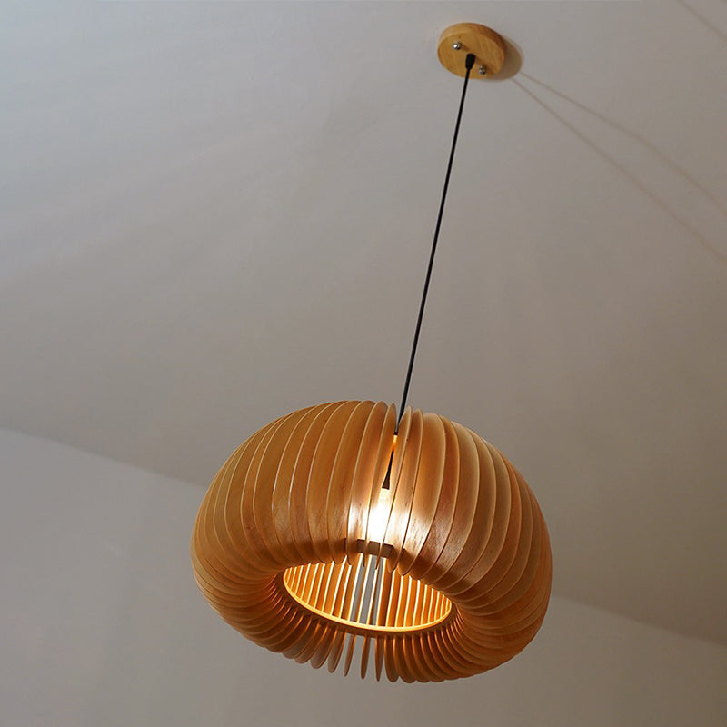 Beige Wood Slatted Hanging Light Chinese Style 1 Light  Restaurant Ceiling Pendant Lamp