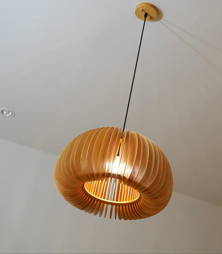 Beige Wood Slatted Hanging Light Chinese Style 1 Light  Restaurant Ceiling Pendant Lamp